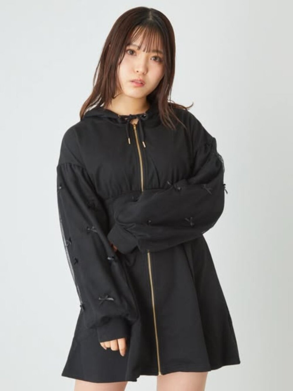 ANK ROUGE jirai kei black tulle-sleeved one piece hoodie dress w/bow details